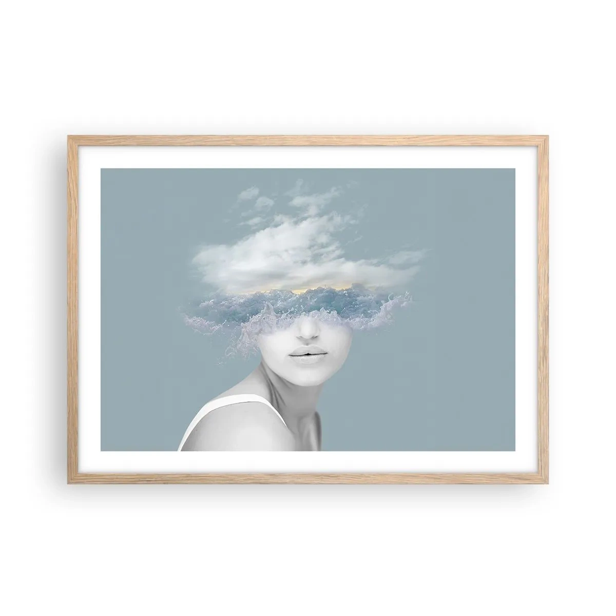 Een poster in een licht eiken lijst - Met hoofd in de wolken - 70x50 cm