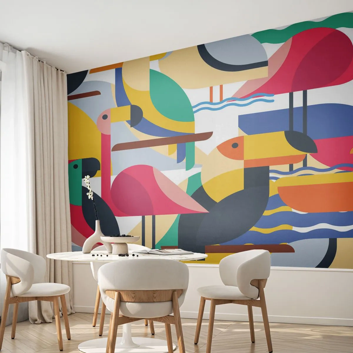 Fotobehang Standard Eco - Vogelfeestje - Abstractie, Pelikaan, Deel - 150x105 cm