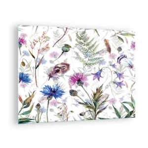 Schilderen op glas - Tekeningen van wilde bloemen en bladeren op een lichte achtergrond - 70x50cm - Pools herbarium - Moderne wanddecoratie voor woonkamer en slaapkamer ARTTOR