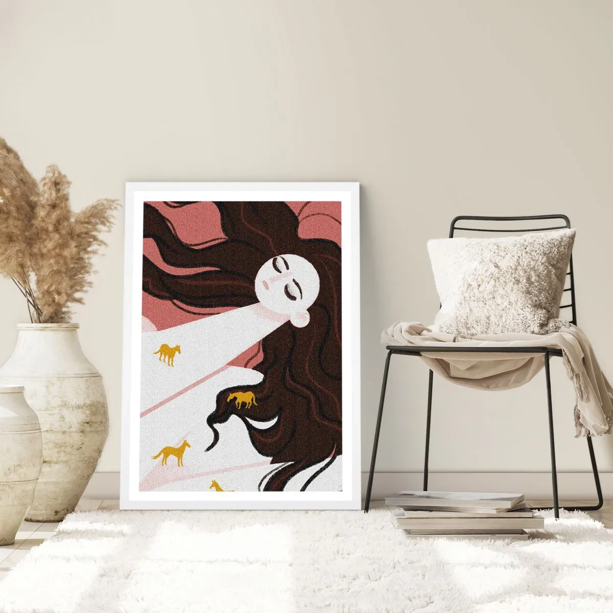 Poster in een witte lijst - Droom over een gouden paard - 70x100 cm