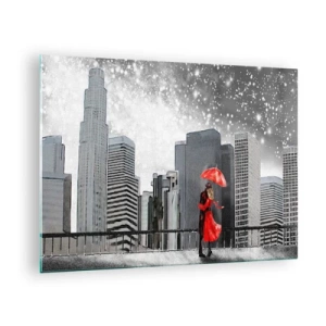 Schilderen op glas - Een stel met een rode paraplu staat 's nachts voor een stadsgezicht - 70x50cm - De mens is geen steen - Moderne wanddecoratie voor woonkamer en slaapkamer ARTTOR