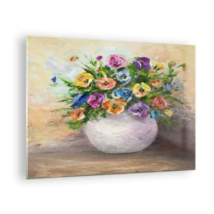 Schilderen op glas - Een boeket kleurrijke bloemen in een witte vaas - 70x50cm - Stilleven met een witte vaas - Moderne wanddecoratie voor woonkamer en slaapkamer ARTTOR
