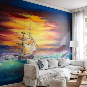 Fotobehang op maat Premium Sand - Dapper onder de golven - Zeilschip, Zee, Storm