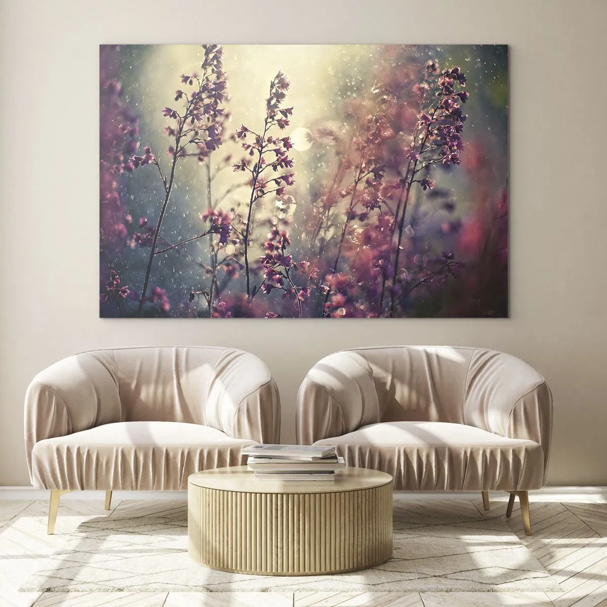 Schilderen op glas - Bloemen in het zonlicht in de zachte regen - 70x50cm - Geheime Tuin - Moderne wanddecoratie voor woonkamer en slaapkamer ARTTOR