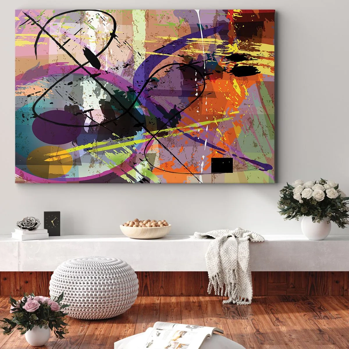 Schilderen op canvas - Een kleurrijk abstract patroon met dynamische lijnen en vormen. - 70x50cm - Je kunt rechtdoor of rondom - Moderne wanddecoratie voor woonkamer en slaapkamer ARTTOR