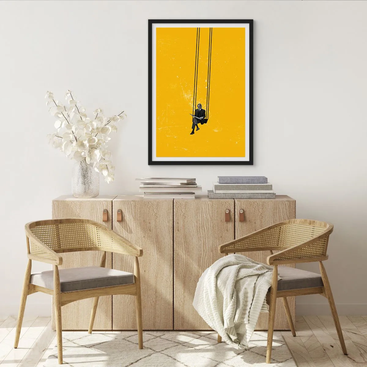 Poster in een zwarte lijst - Minimalistische afbeelding met een personage op een schommel - 50x70cm - Dag als iedere dag - Moderne wanddecoratie voor woonkamer en slaapkamer ARTTOR