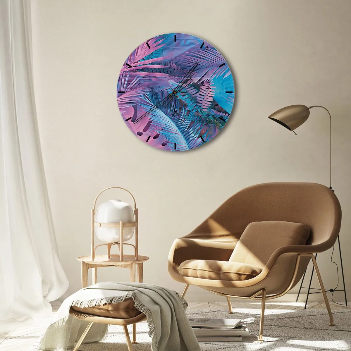 Wandklok - Klok - Een abstracte compositie van palmbladeren in tinten roze en blauw. - 30x30cm - Tropen in roze en blauw - Moderne wanddecoratie voor woonkamer, keuken en slaapkamer ARTTOR