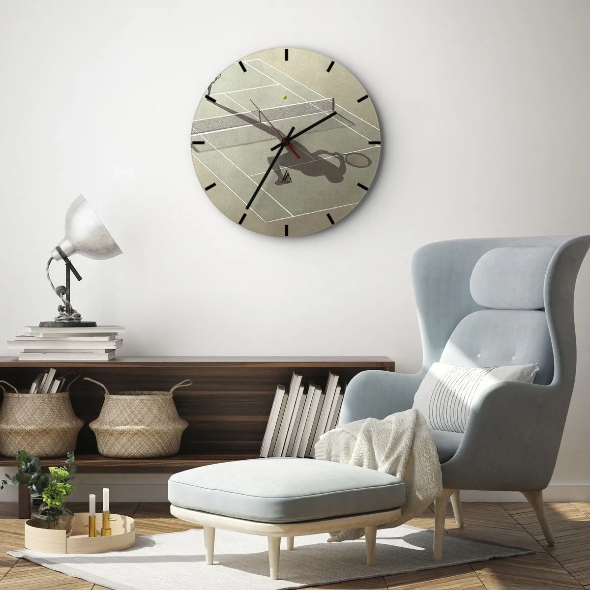 Wandklok - Klok - Een minimalistisch silhouet van een tennisser op de baan - 30x30cm - Jezelf overwinnen - Moderne wanddecoratie voor woonkamer, keuken en slaapkamer ARTTOR