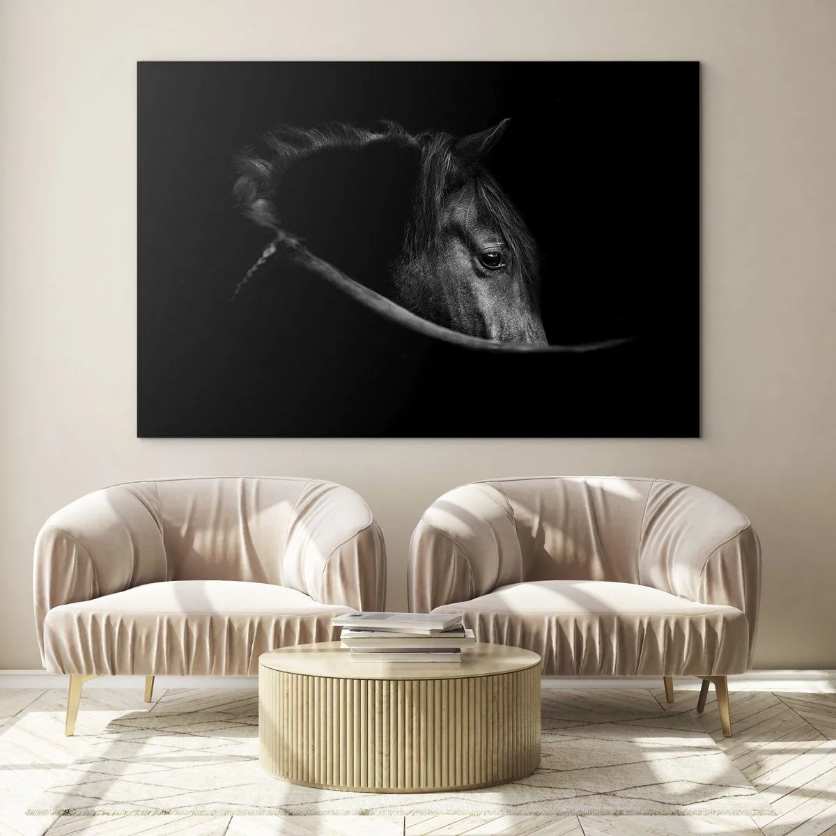 Schilderen op glas - Profiel van een zwart paard in de schaduw met een zichtbaar oog - 70x50cm - Zwarte Prins - Moderne wanddecoratie voor woonkamer en slaapkamer ARTTOR