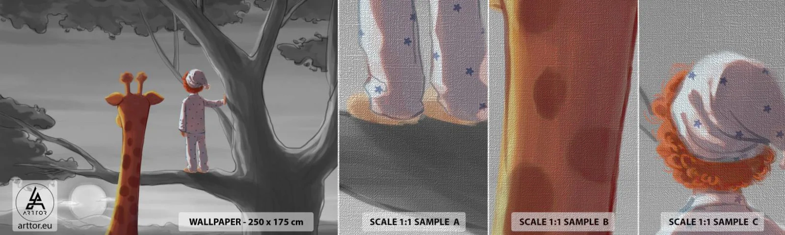 Fotobehang Monster Premium Canvas - Dit gebeurt echt - Giraffe, Kinderen, Droom - 100x30 cm