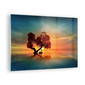 Schilderen op glas - Een boom met rode bladeren tegen de achtergrond van de zonsondergang - 70x50cm - Afstanders en de stilte van de wereldlozen - Moderne wanddecoratie voor woonkamer en slaapkamer ARTTOR