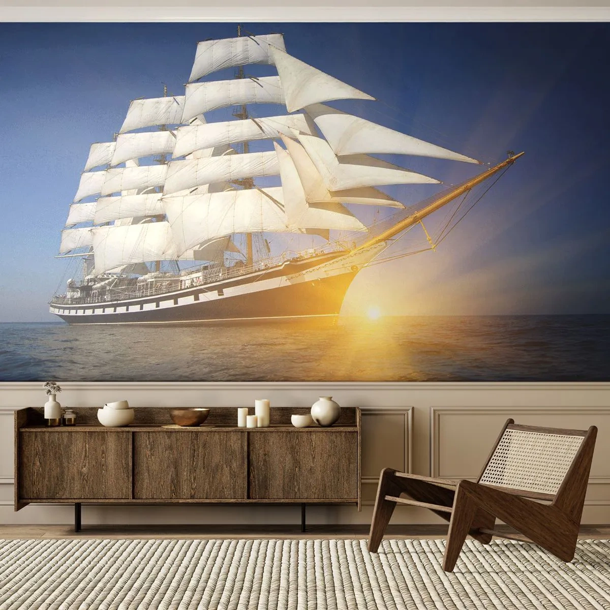 Fotobehang Premium Sand - Hun tijd gaat nooit voorbij - Zee, Zeilschip, Schip - 350x256 cm