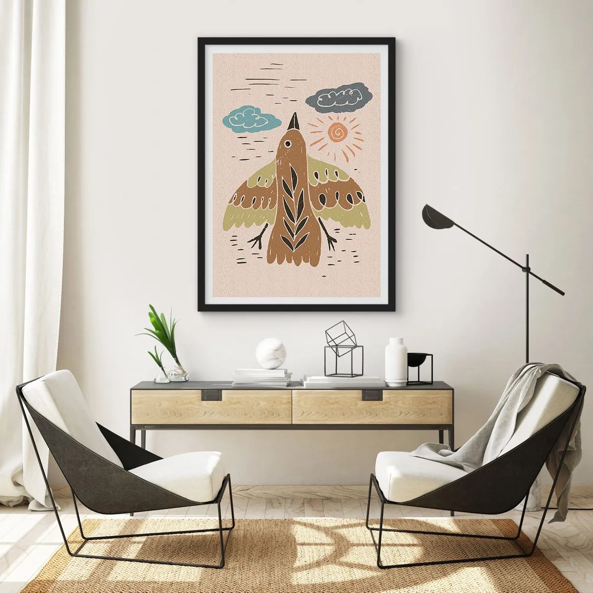 Poster in een zwarte lijst - Een kleurrijke illustratie van een vogel in vlucht, met wolken en de zon op de achtergrond. - 50x70cm - Een vreugdevolle vlucht - Moderne wanddecoratie voor woonkamer en slaapkamer ARTTOR