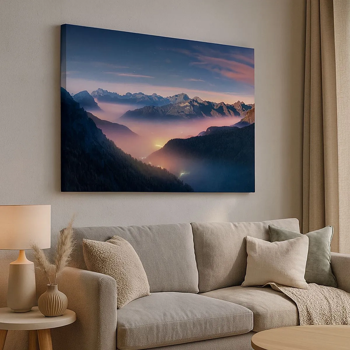 Schilderen op canvas - Een berglandschap met een vallei gevuld met mist - 70x50cm - Licht in de dalen - Moderne wanddecoratie voor woonkamer en slaapkamer ARTTOR