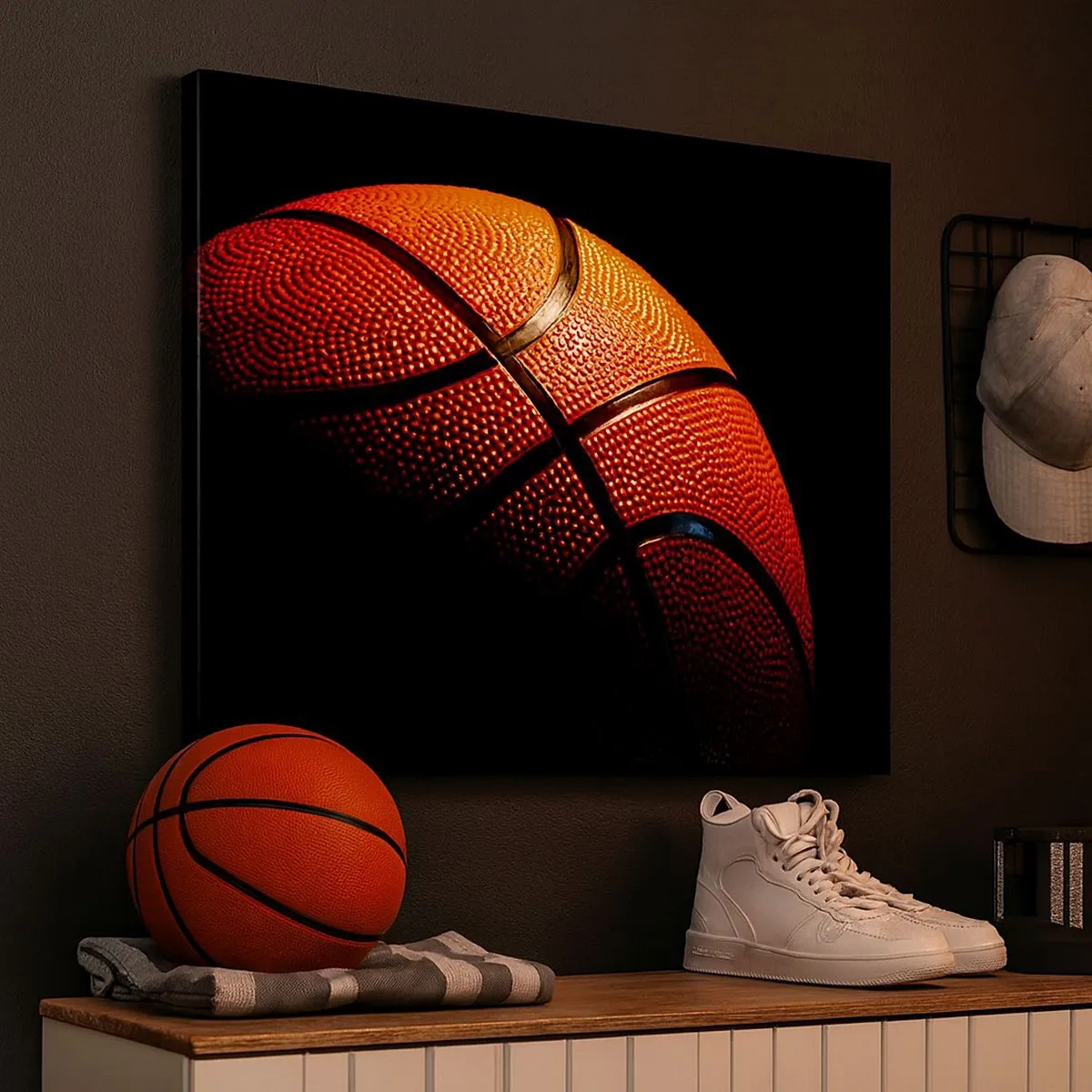 Schilderen op canvas - Close-up van een basketbal tegen een zwarte achtergrond - 70x50cm - Mooi als een planeet - Moderne wanddecoratie voor woonkamer en slaapkamer ARTTOR