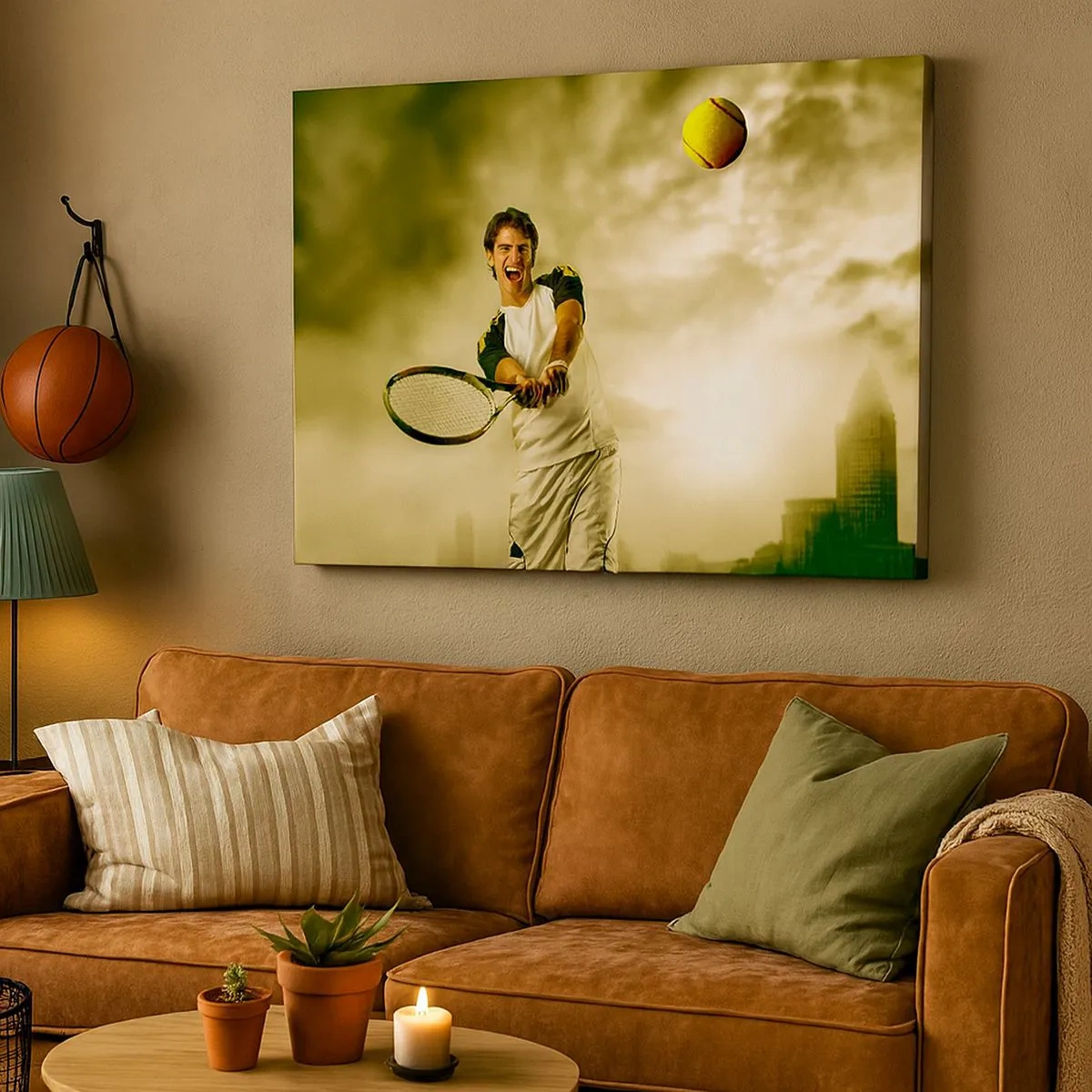 Schilderen op canvas - Tennisser in actie tijdens een wedstrijd tegen de achtergrond van een stedelijk landschap - 70x50cm - Energie en vreugde - Moderne wanddecoratie voor woonkamer en slaapkamer ARTTOR