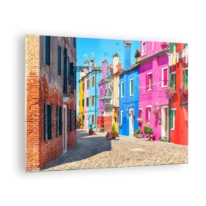 Schilderen op glas - Kleurrijke gebouwen in een smalle straat in een zonnig stadje - 70x50cm - Stadje "De Papegaai" - Moderne wanddecoratie voor woonkamer en slaapkamer ARTTOR
