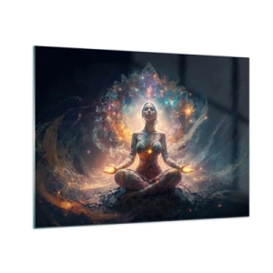 Schilderen op glas - Een mediterende vrouw in een stralende aura van energie en kleur - 70x50cm - Stroom van goede energie - Moderne wanddecoratie voor woonkamer en slaapkamer ARTTOR