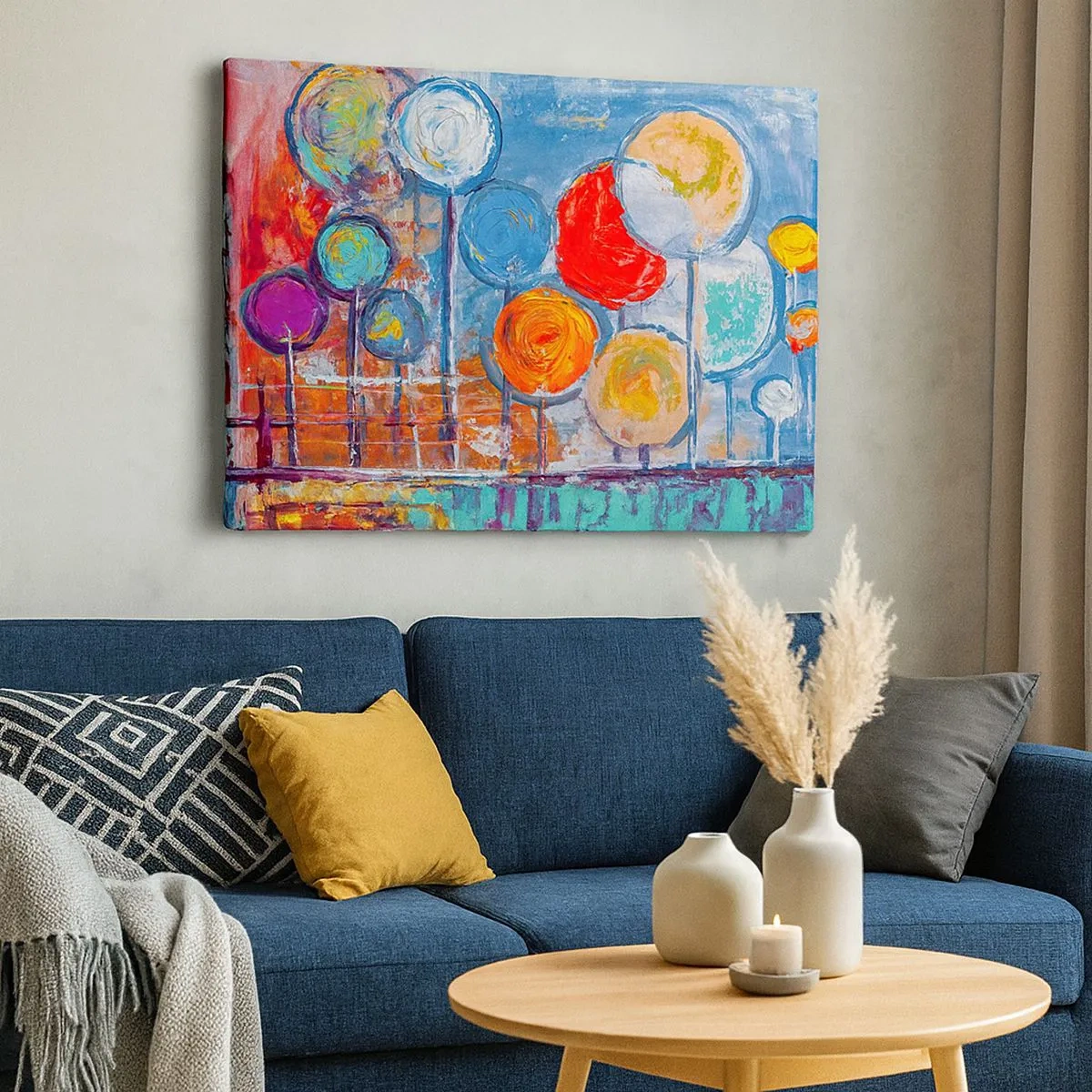 Schilderen op canvas - Kleurrijke abstracte bomen op een blauwe achtergrond - 70x50cm - Wonderen op de stok - Moderne wanddecoratie voor woonkamer en slaapkamer ARTTOR