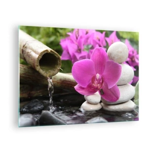 Schilderen op glas - Waterval met paarse orchideeën, stenen en bamboe - 70x50cm - Je bent al aan het rusten - Moderne wanddecoratie voor woonkamer en slaapkamer ARTTOR