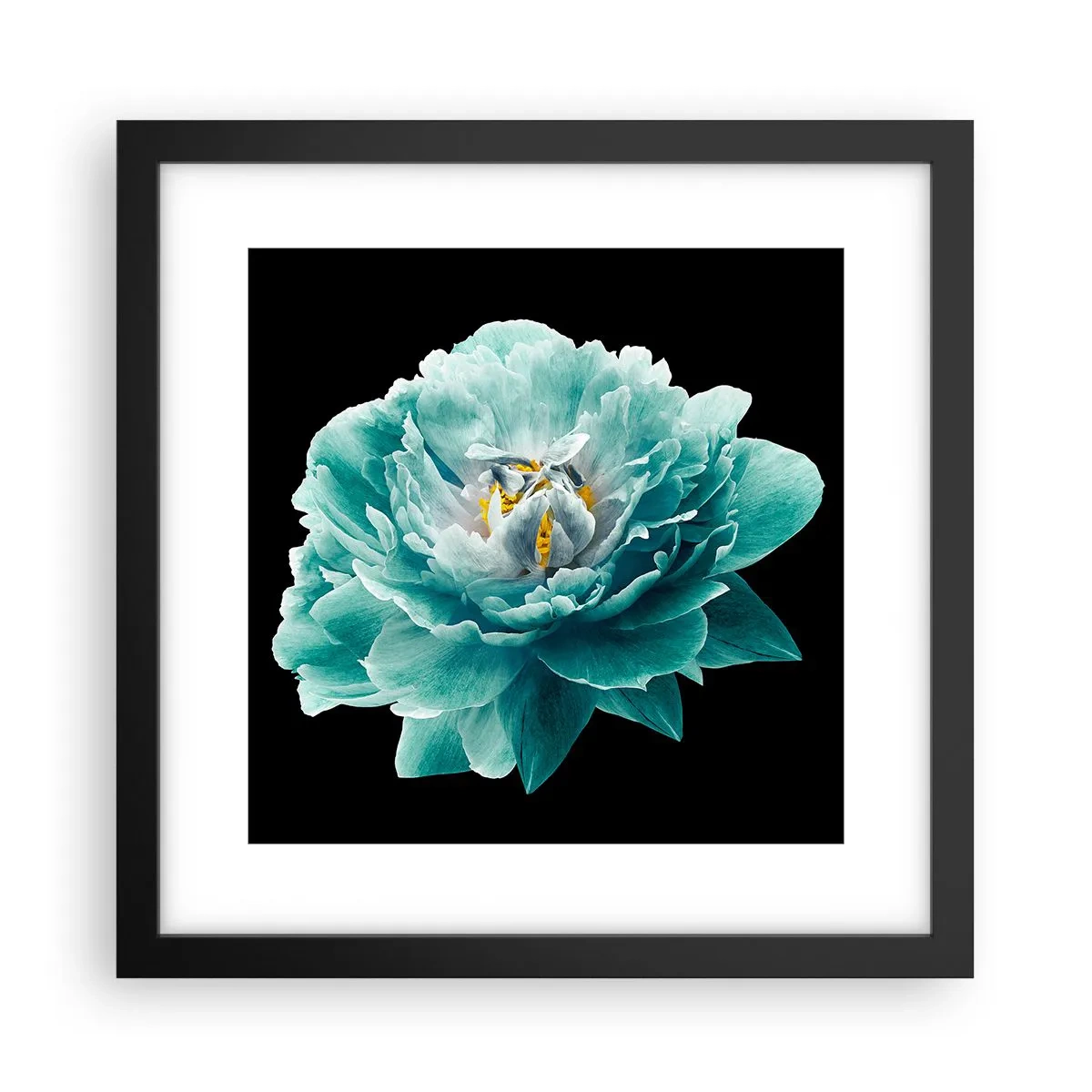 Poster in een zwarte lijst - Blauwe en gouden bloemblaadjes - 30x30 cm