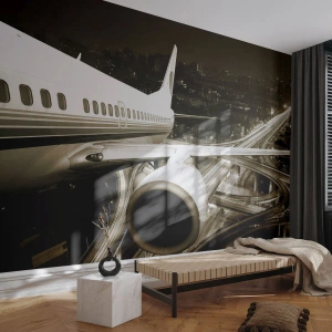 Fotobehang Premium Canvas - Vlieg de nacht in - Vliegtuig, Stad, Automobiel - 100x70 cm