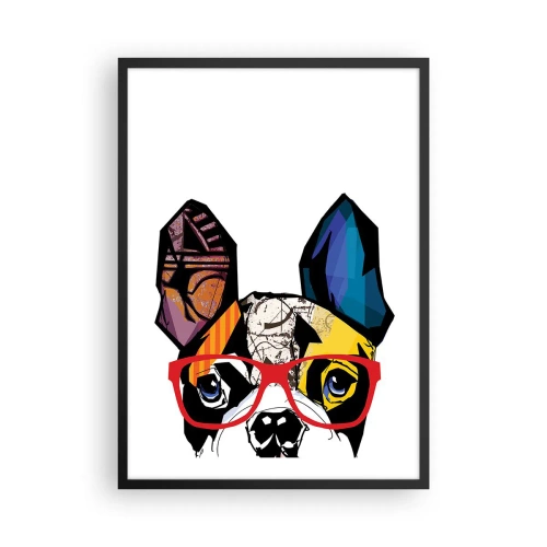 Poster in een zwarte lijst - Kleurrijk portret van een hond met een bril - 50x70cm - intellectueel - Moderne wanddecoratie voor woonkamer en slaapkamer ARTTOR