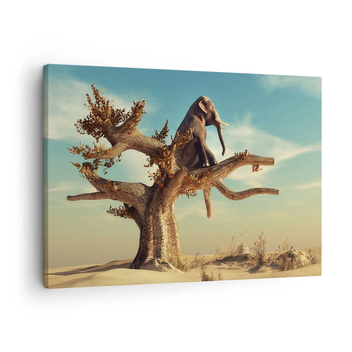 Schilderen op canvas - Een olifant zit op een boom in een surrealistisch landschap - 70x50cm - Een nieuw gezichtspunt - Moderne wanddecoratie voor woonkamer en slaapkamer ARTTOR