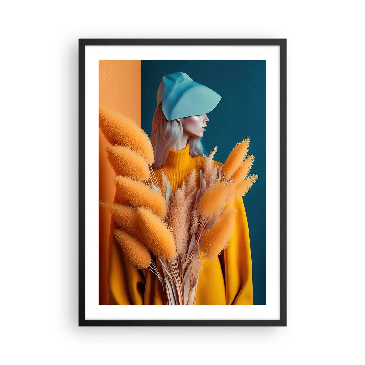 Poster in een zwarte lijst - Een modern portret van een vrouw in warme kleuren - 50x70cm - Pluizig portret - Moderne wanddecoratie voor woonkamer en slaapkamer ARTTOR