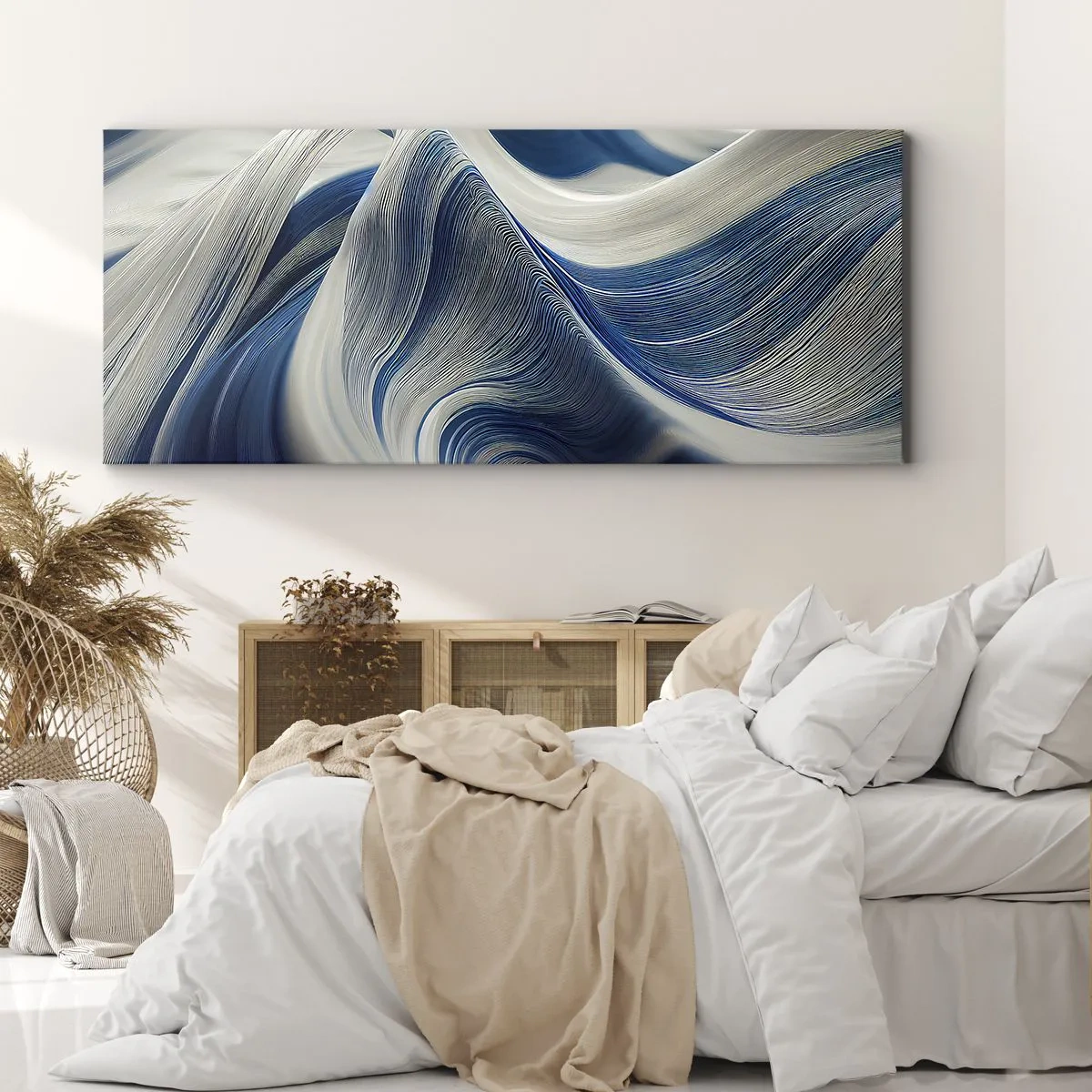 Schilderen op canvas - De vloeibaarheid van blauw en wit - 100x40 cm