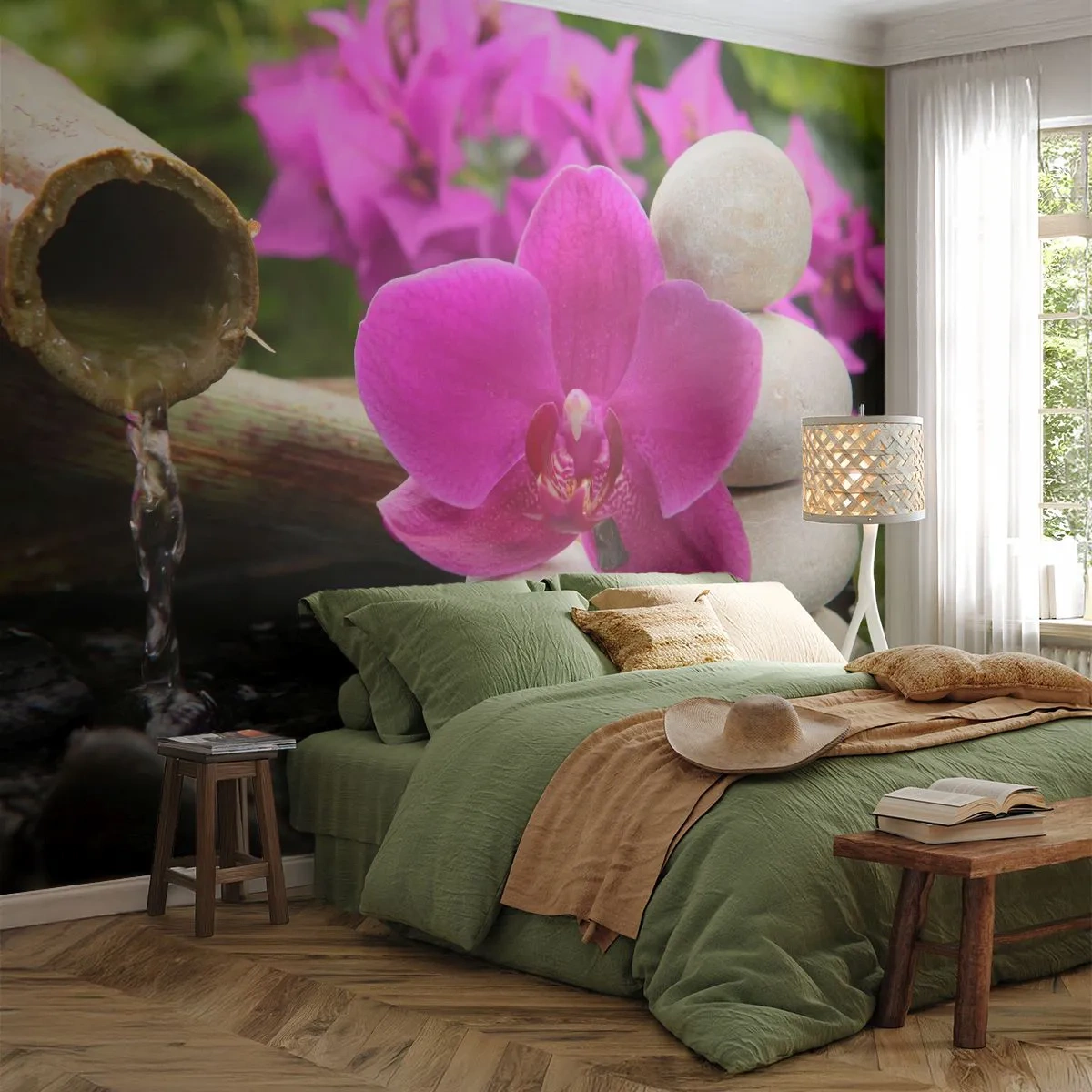 Fotobehang Premium Canvas - Je bent al aan het rusten - Bloemen, Bamboe, Orchidee - 250x175 cm