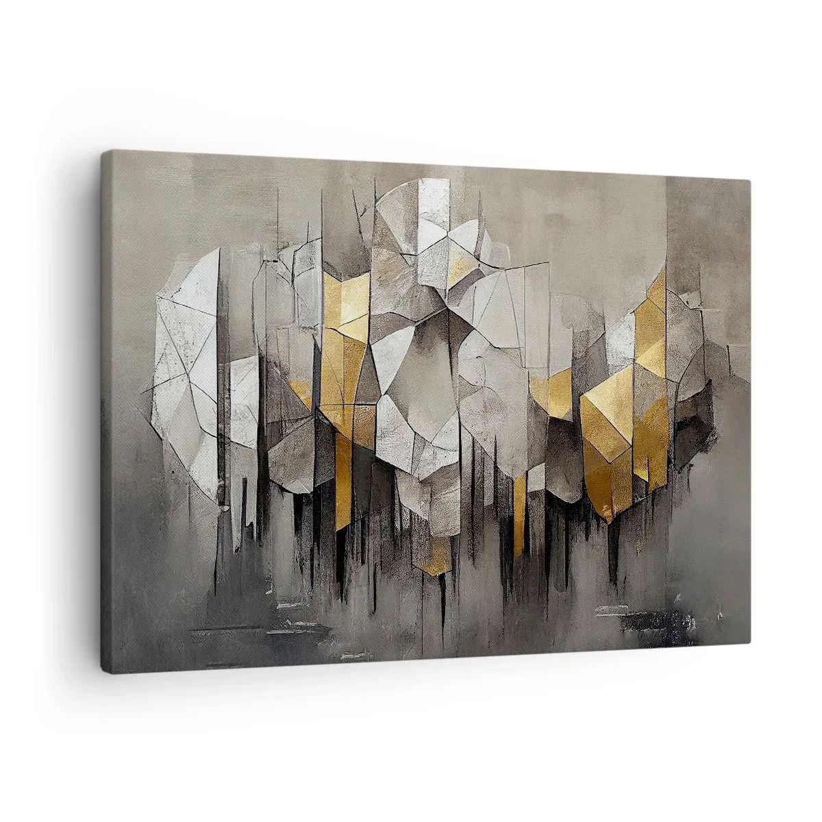 Schilderen op canvas - Geometrische abstractie in tinten goud en grijs - 70x50cm - Compositie van ijs en licht - Moderne wanddecoratie voor woonkamer en slaapkamer ARTTOR