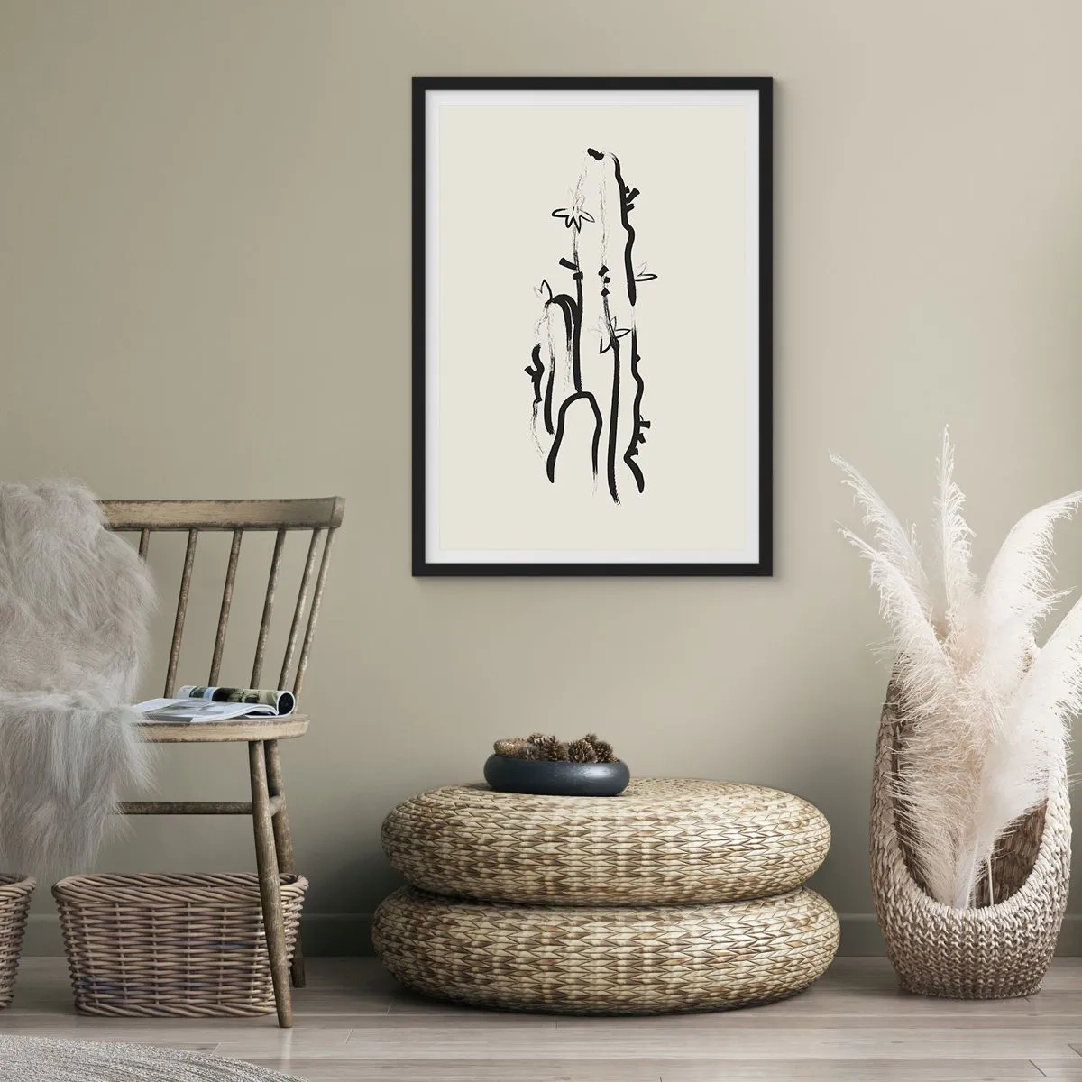 Poster in een zwarte lijst - Minimalistische cactustekening - 50x70cm - Bloeiend kruid - Moderne wanddecoratie voor woonkamer en slaapkamer ARTTOR