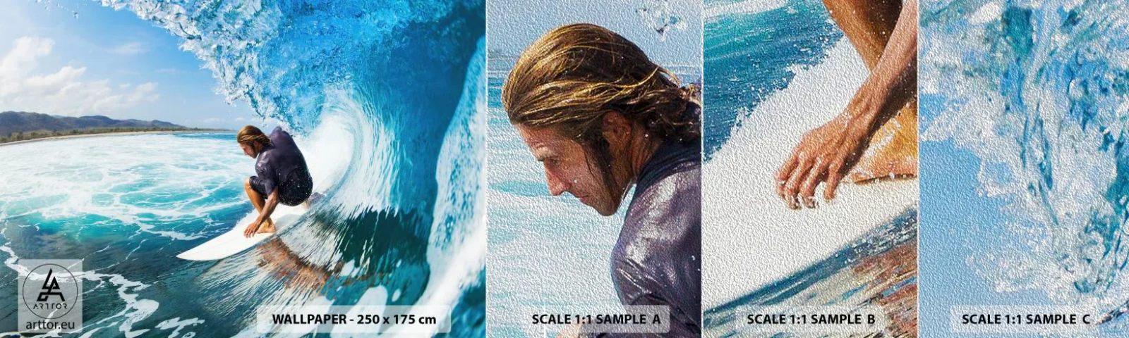 Fotobehang Monster Premium Sand - Dansend met de golven - Sport, Surfen, Surfplank - 100x30 cm