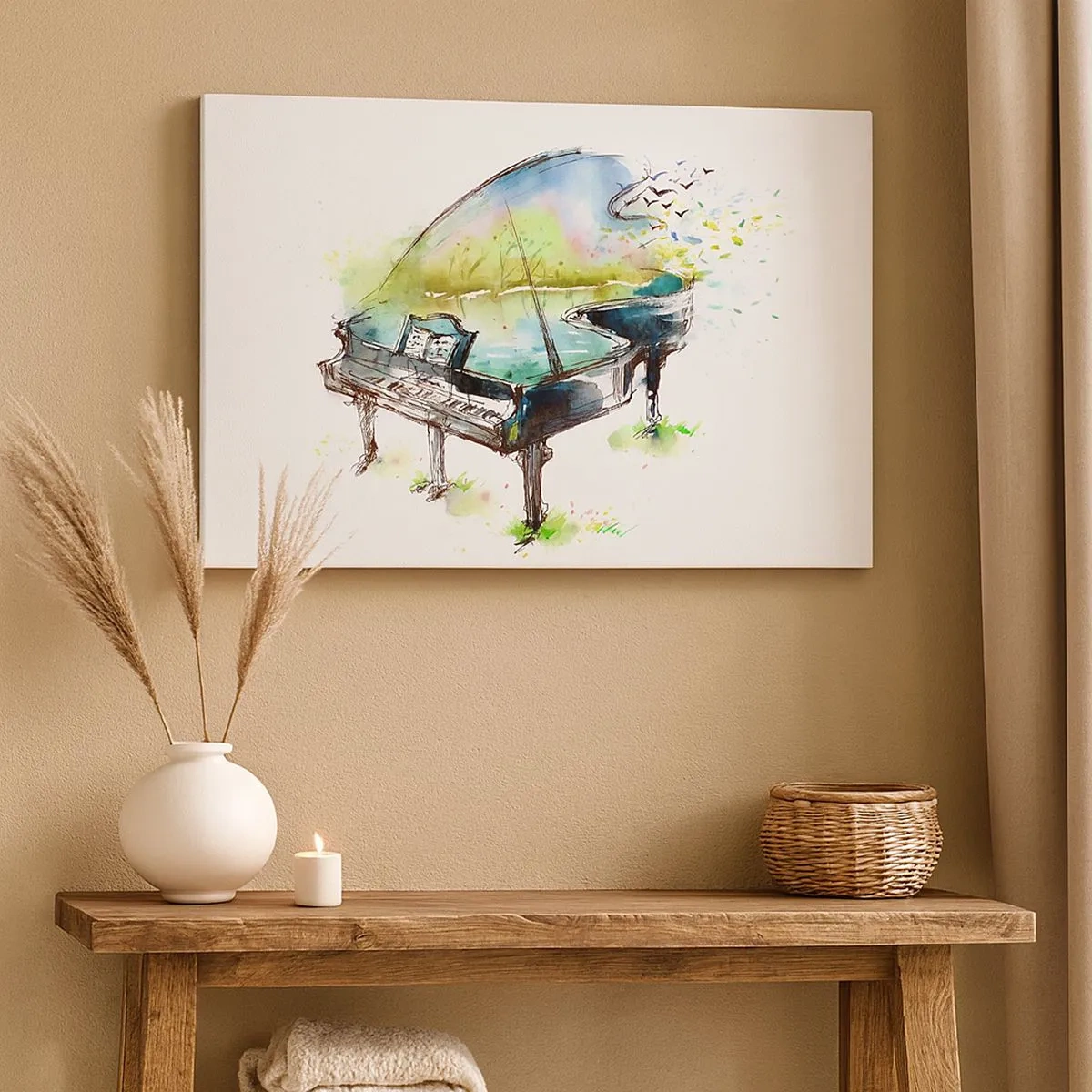 Schilderen op canvas - Artistieke aquarel van een piano met de natuur op de achtergrond - 70x50cm - Betoverd in muziek - Moderne wanddecoratie voor woonkamer en slaapkamer ARTTOR