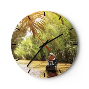 Wandklok - Klok - Mensen op een boot die door een dicht palmbos vaart - 30x30cm - Een palmravijn langs - Moderne wanddecoratie voor woonkamer, keuken en slaapkamer ARTTOR