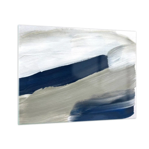 Schilderen op glas - Minimalistische abstractie met dynamische penseelstreken in wit, marineblauw en grijs. - 70x50cm - Ontmoeting met witheid - Moderne wanddecoratie voor woonkamer en slaapkamer ARTTOR