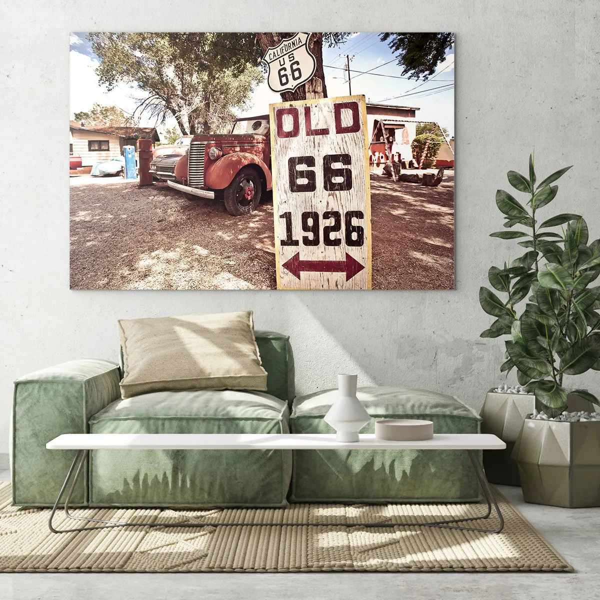 Schilderen op glas - Oldtimer en retro Route 66-bord - 70x50cm - Een legende van de Amerikaanse provincie - Moderne wanddecoratie voor woonkamer en slaapkamer ARTTOR