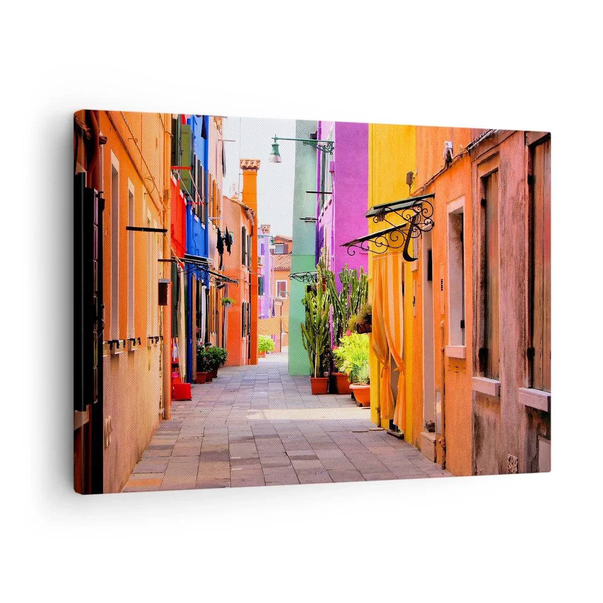 Schilderen op canvas - Een kleurrijke straat met huurkazernes in lichte tinten - 70x50cm - Regenboogsteeg - Moderne wanddecoratie voor woonkamer en slaapkamer ARTTOR