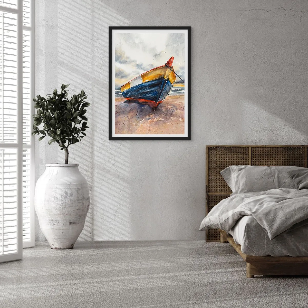 Poster in een zwarte lijst - Aquarelboot op het strand bij zonsondergang - 50x70cm - Rust aan de kust - Moderne wanddecoratie voor woonkamer en slaapkamer ARTTOR