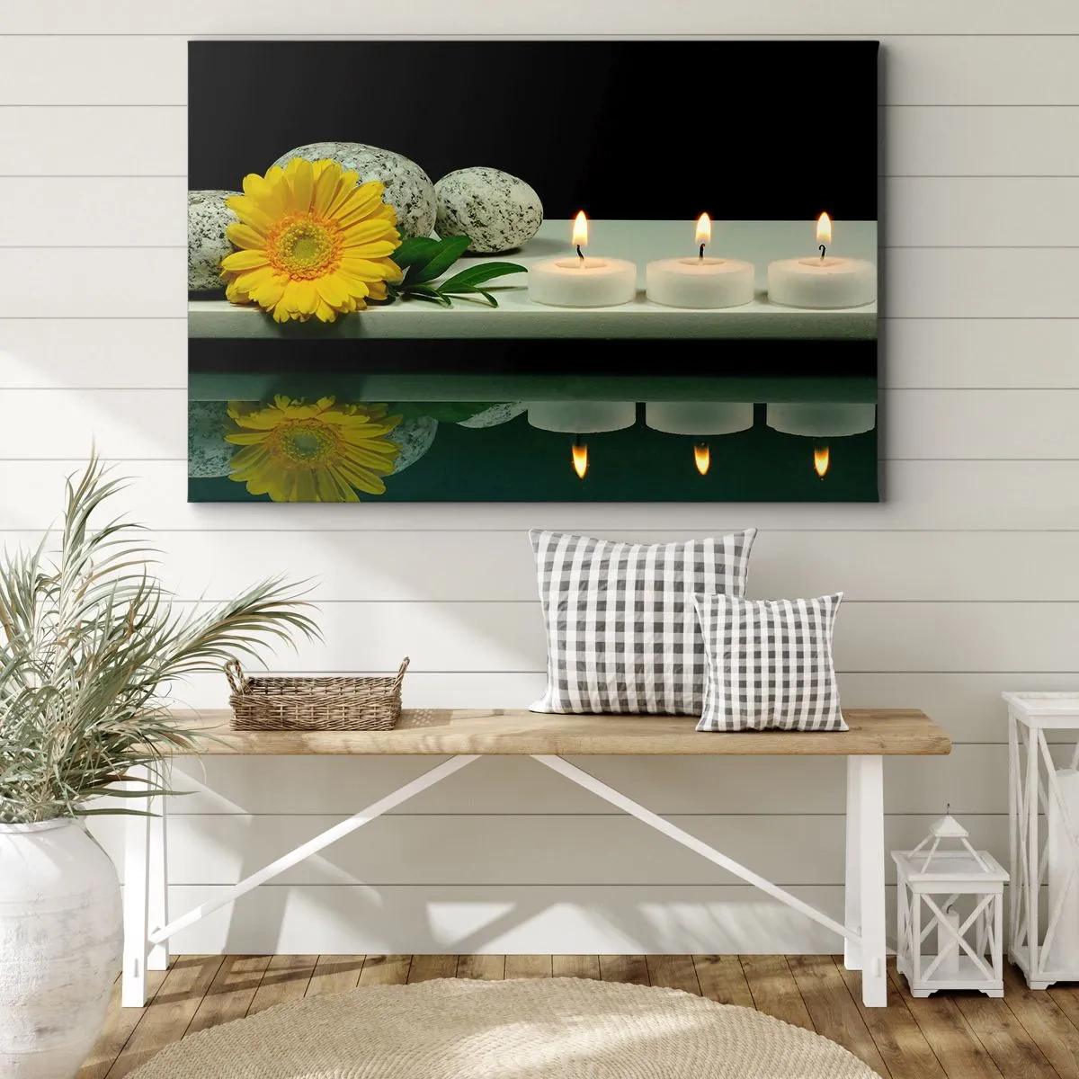 Schilderen op canvas - Gele bloemen, kaarsen en stenen tegen de achtergrond van water - 70x50cm - Zintuigen kalmeren - Moderne wanddecoratie voor woonkamer en slaapkamer ARTTOR