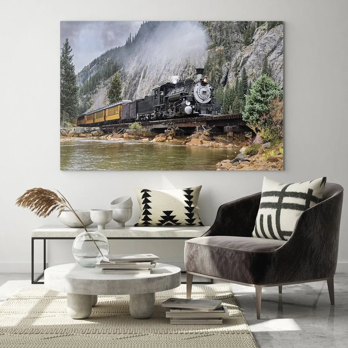 Schilderen op glas - Een stoomlocomotief op een brug in de bergen - 70x50cm - Waar wil je naar toe? Waar naar toe? - Moderne wanddecoratie voor woonkamer en slaapkamer ARTTOR