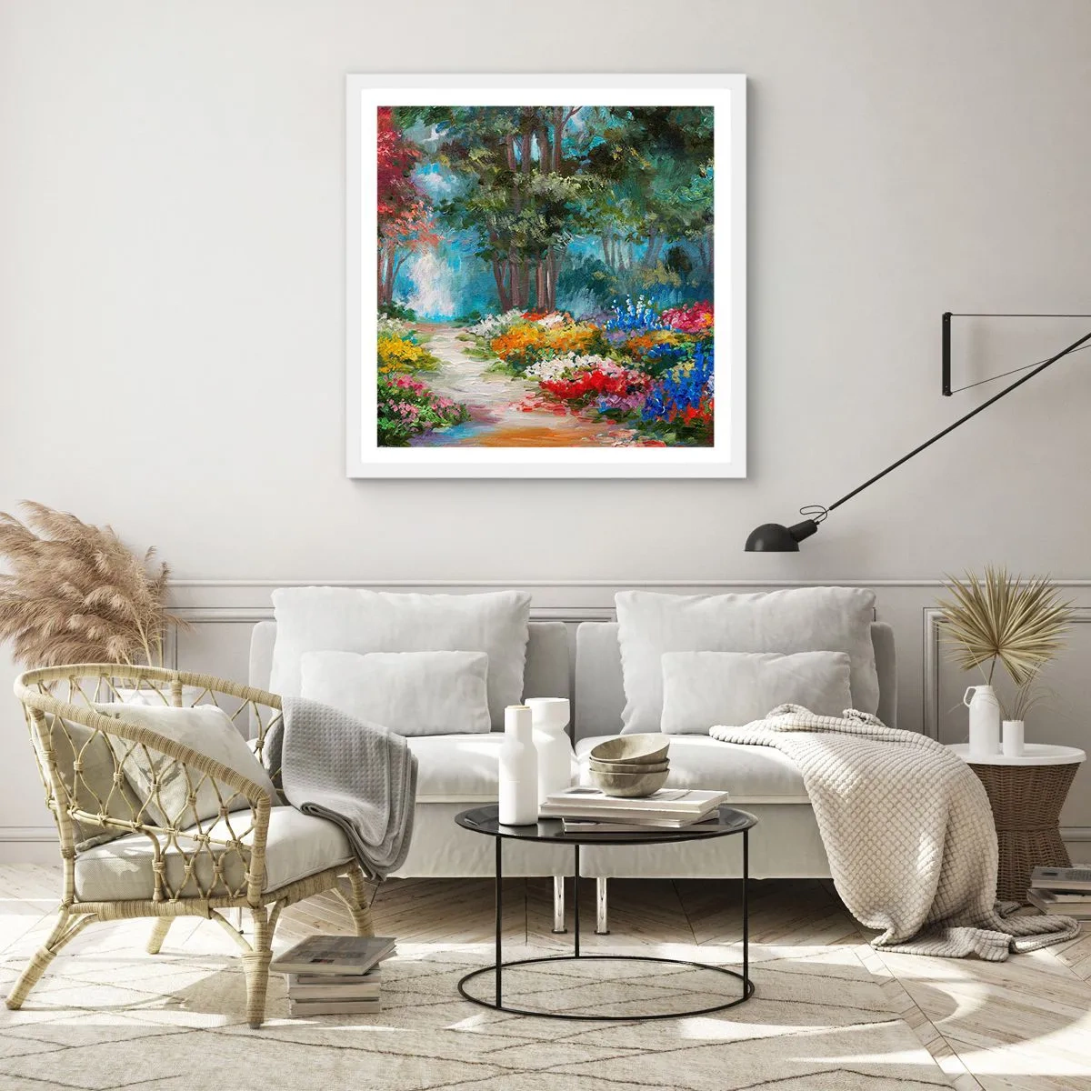 Poster in een witte lijst - Bostuin, bloemenbos - 30x30 cm