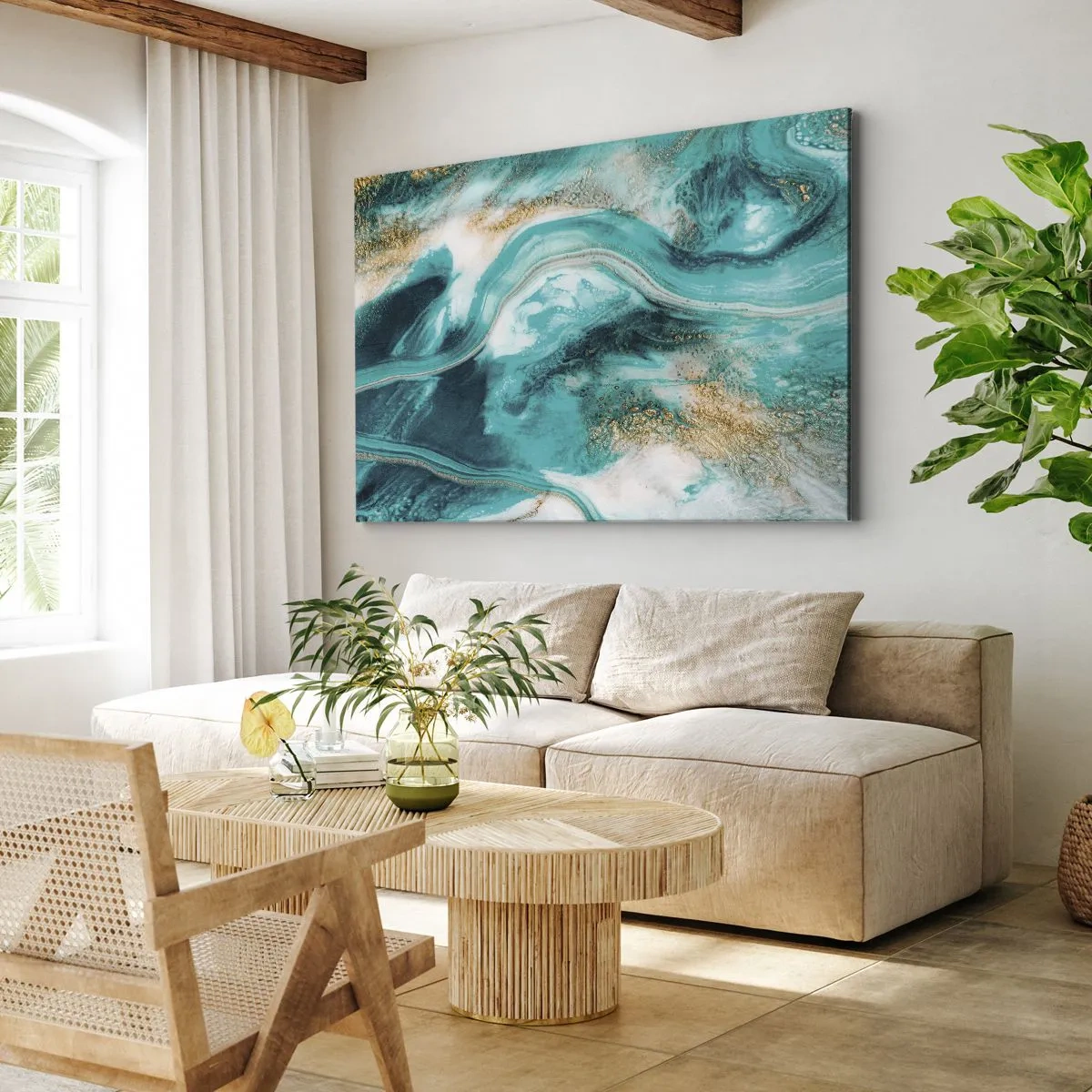 Schilderen op canvas - Turquoise abstractie met witte en gouden accenten - 70x50cm - De rivier van goud - Moderne wanddecoratie voor woonkamer en slaapkamer ARTTOR