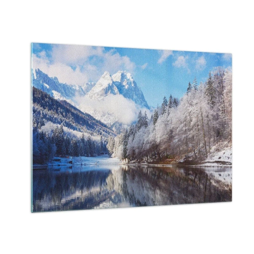 Schilderen op glas - Winterlandschap met bergen en een bevroren meer - 70x50cm - Sneuwwacht - Moderne wanddecoratie voor woonkamer en slaapkamer ARTTOR