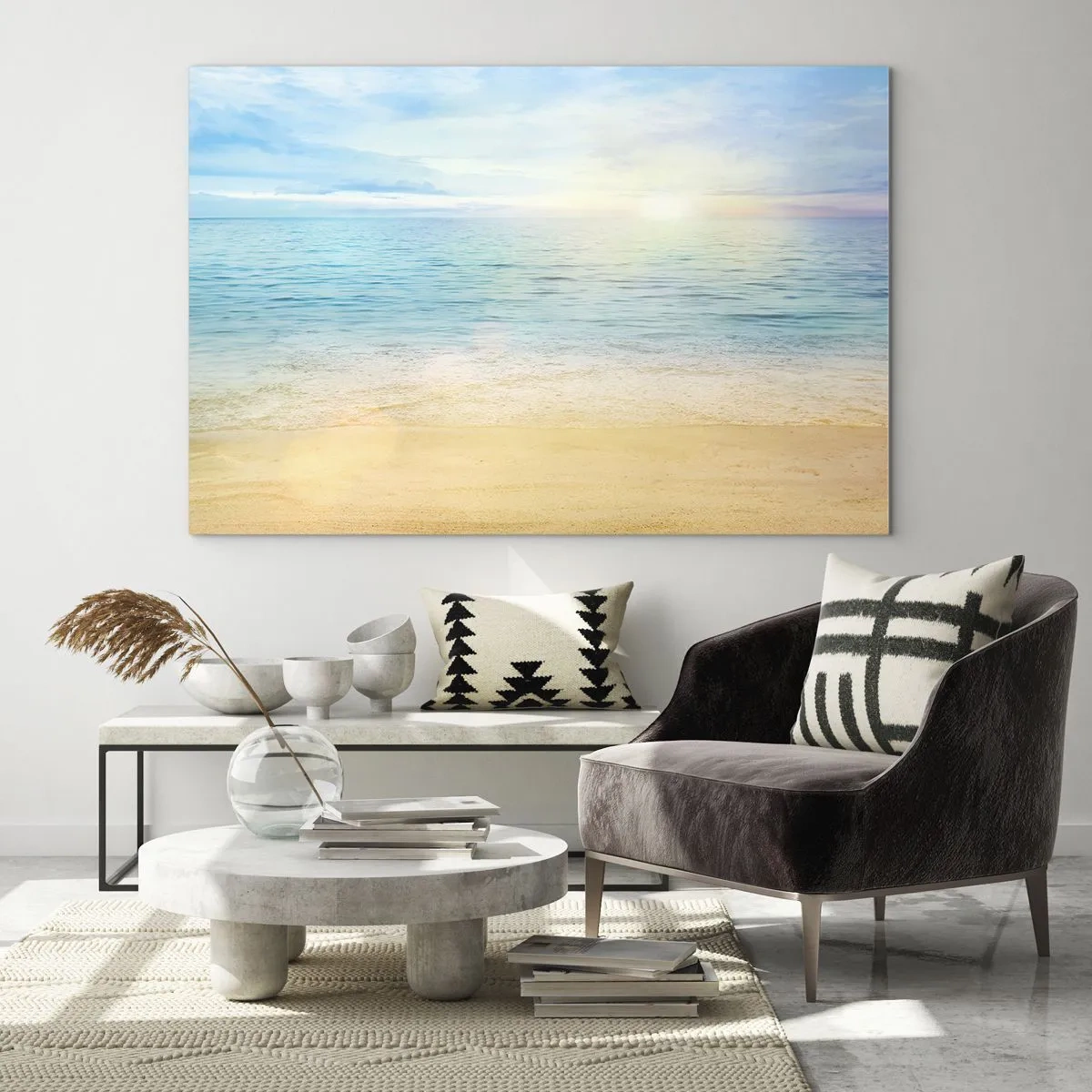 Schilderen op glas - Een zonnig strand met azuurblauwe zee en lucht - 70x50cm - Groot blauw - Moderne wanddecoratie voor woonkamer en slaapkamer ARTTOR