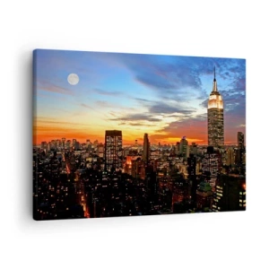 Schilderen op canvas - Stadspanorama met verlichte wolkenkrabbers in de schemering - 70x50cm - Een stralende Amerikaanse nacht - Moderne wanddecoratie voor woonkamer en slaapkamer ARTTOR