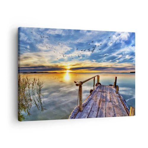 Schilderen op canvas - Houten steiger over het meer bij zonsondergang - 70x50cm - De wind gaat rusten - Moderne wanddecoratie voor woonkamer en slaapkamer ARTTOR