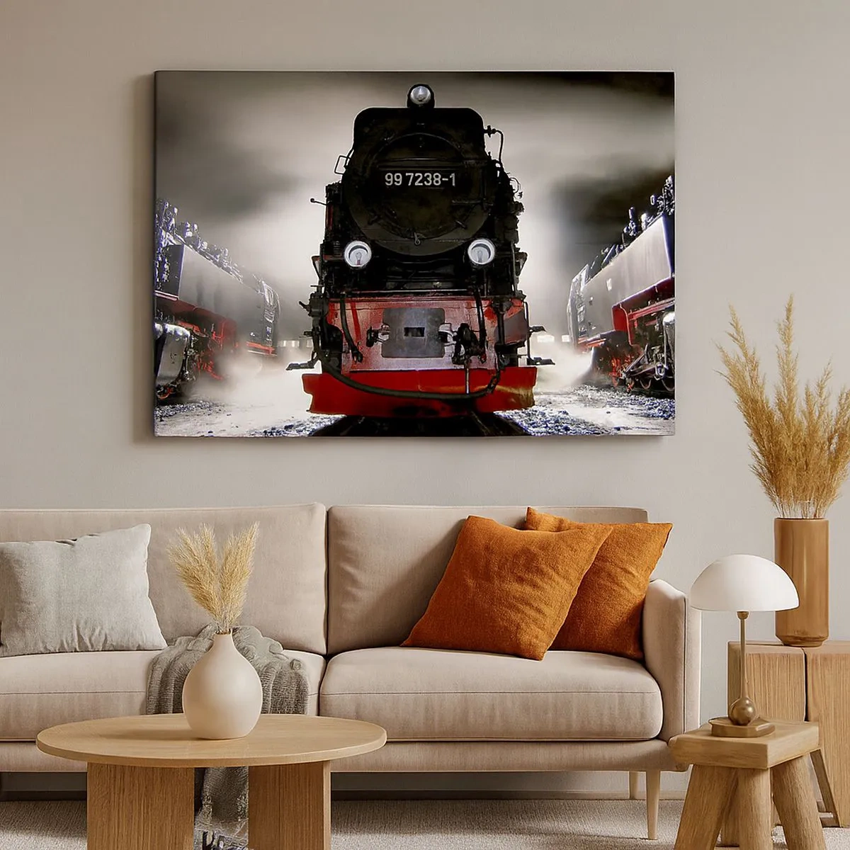 Schilderen op canvas - Een stoomlocomotief omringd door stoom tegen een donkere lucht in een sfeervolle omgeving - 70x50cm - Hij staat en hapt, hapt en blaast - Moderne wanddecoratie voor woonkamer en slaapkamer ARTTOR