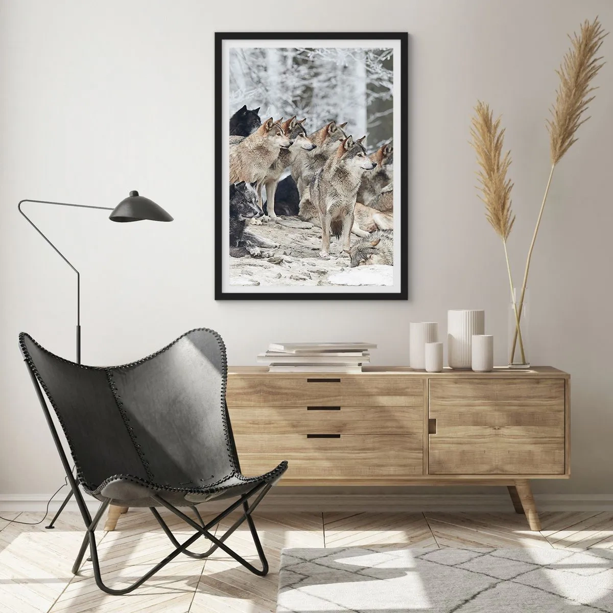 Poster in een zwarte lijst - Een groep wolven in het winterbos - 50x70cm - Familie en vrienden - Moderne wanddecoratie voor woonkamer en slaapkamer ARTTOR